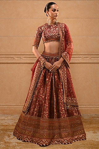 Maroon Silk Dupion Cutdana Hand Embroidered Bridal Lehenga Set by tarun tahiliani