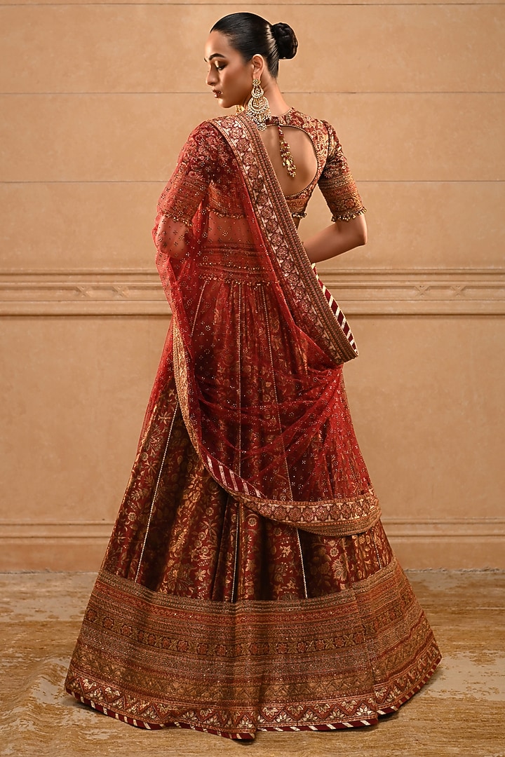 Maroon Silk Dupion Cutdana Hand Embroidered Bridal Bridal Lehenga Set by Tarun Tahiliani at Pernia's Pop Up Shop