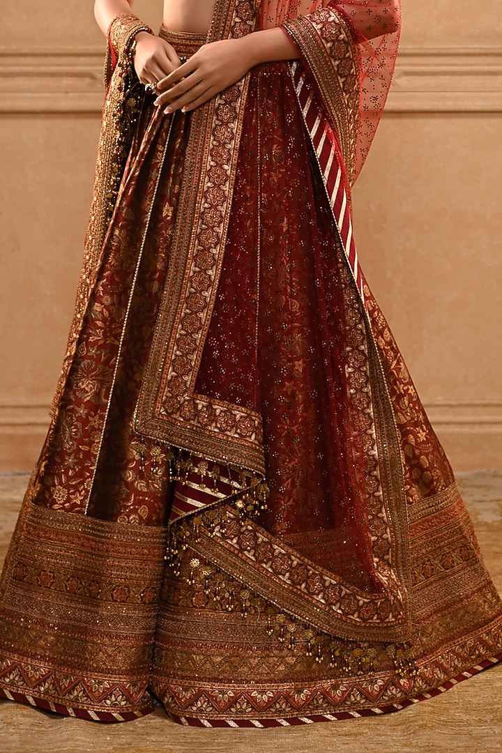Maroon Silk Dupion Cutdana Hand Embroidered Bridal Bridal Lehenga Set by Tarun Tahiliani at Pernia's Pop Up Shop