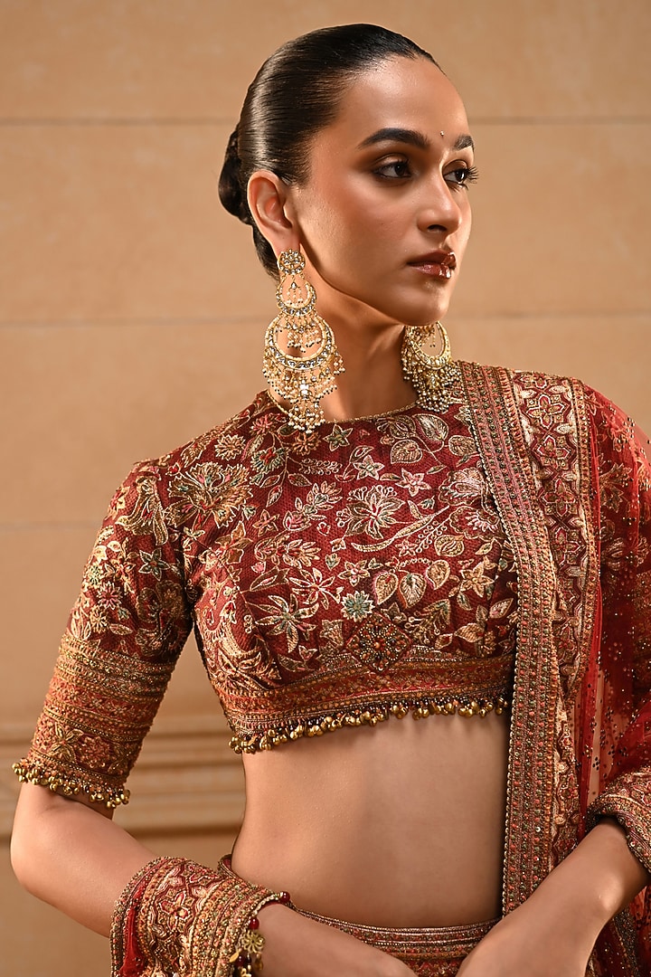 Maroon Silk Dupion Cutdana Hand Embroidered Bridal Bridal Lehenga Set by Tarun Tahiliani at Pernia's Pop Up Shop