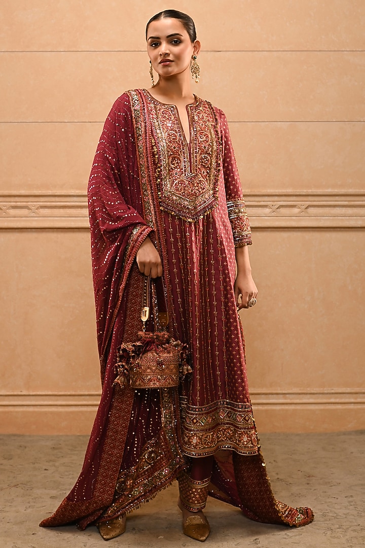 Red Silk Dupion Zardosi Embroidered Kurta Set by Tarun Tahiliani at Pernia's Pop Up Shop