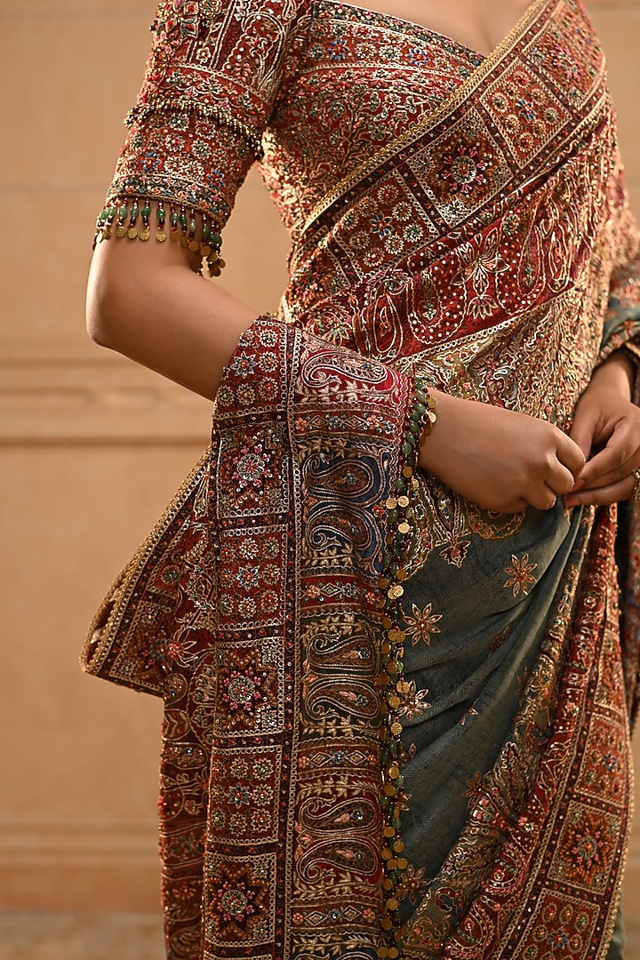 Maroon & Turquoise Brocade Motif Embellished Bridal Saree Set by Tarun Tahiliani at Pernia's Pop Up Shop