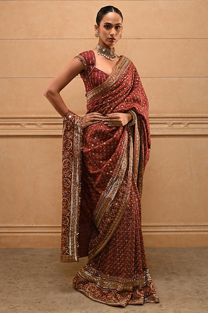 Red Silk Dupion Gota Embellished Bridal Saree Set by Tarun Tahiliani at Pernia's Pop Up Shop