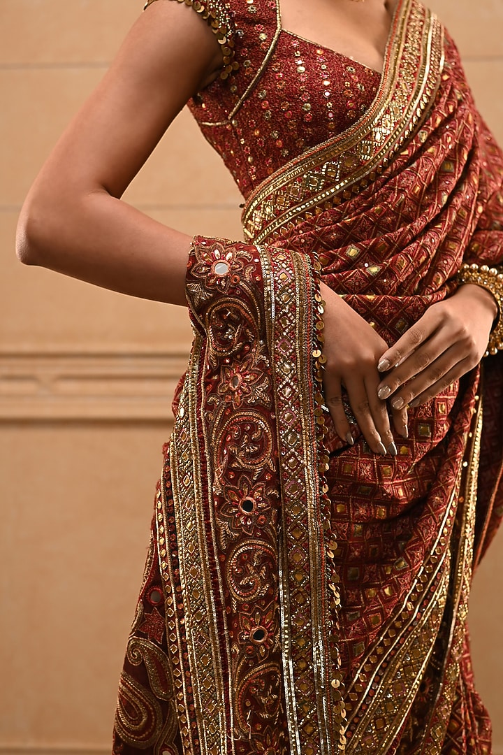 Red Silk Dupion Gota Embellished Bridal Saree Set by Tarun Tahiliani at Pernia's Pop Up Shop
