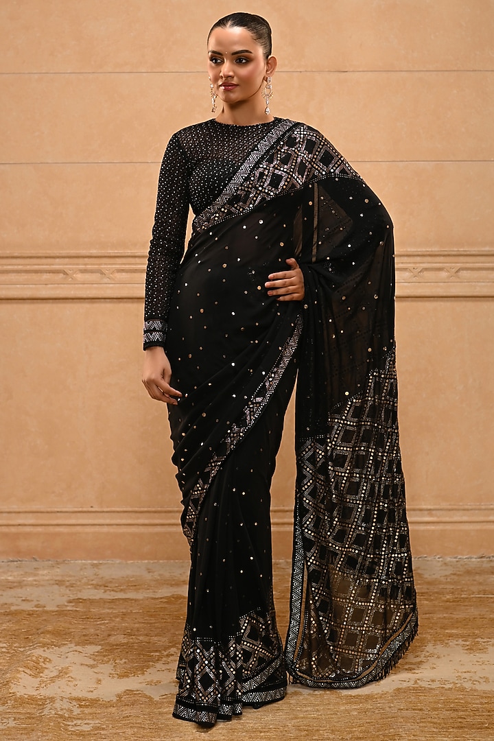 Black Georgette Mukaish Embellished Bridal Saree Set by Tarun Tahiliani at Pernia's Pop Up Shop
