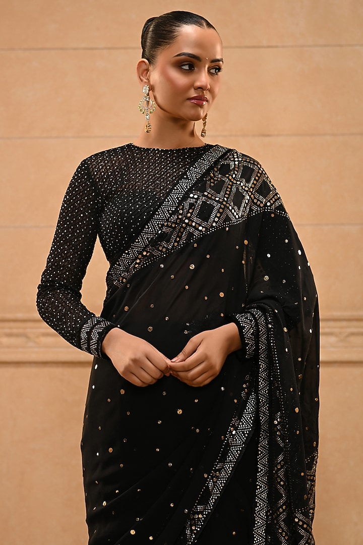 Black Georgette Mukaish Embellished Bridal Saree Set by Tarun Tahiliani at Pernia's Pop Up Shop