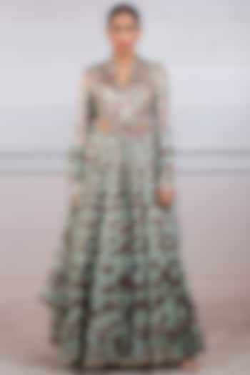 Jade Green Floral Printed Anarkali Set by Tarun Tahiliani at Pernia's Pop Up Shop