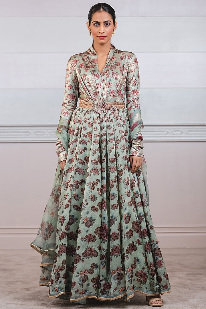 Jade Green Floral Printed Anarkali Set by Tarun Tahiliani at Pernia's Pop Up Shop