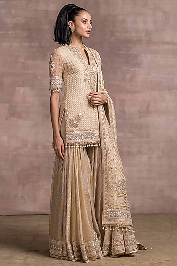 Ivory & Gold Hand Embroidered Sharara Set by Tarun Tahiliani