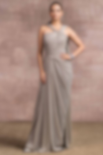 Oyster Grey Draped Concept Reception Saree by Tarun Tahiliani at Pernia's Pop Up Shop