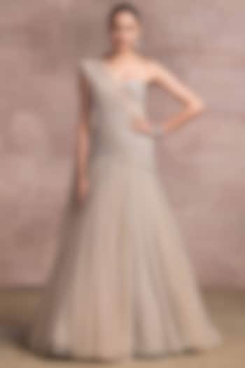 Oyster Grey One-Shoulder Gown by Tarun Tahiliani