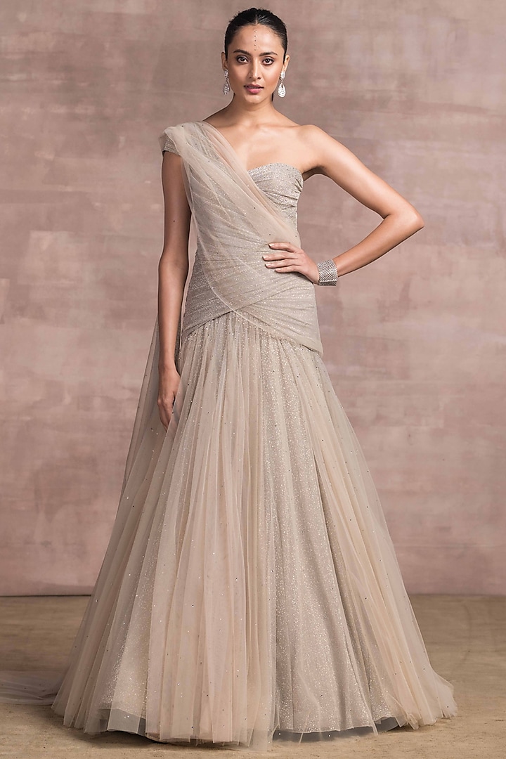 Oyster Grey One-Shoulder Gown by Tarun Tahiliani