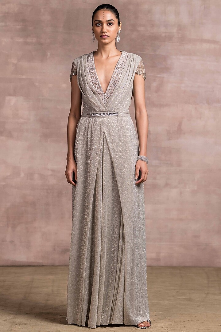 Oyster Grey Embroidered Jumpsuit by Tarun Tahiliani