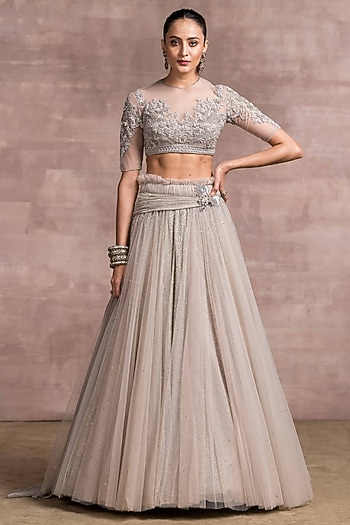 Oyster Grey Lehenga Set With Crystals by Tarun Tahiliani