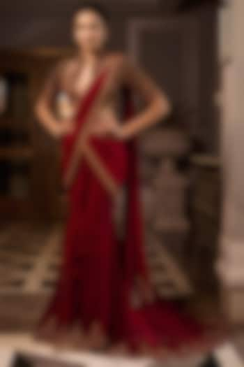 Red Embroidered Pre-Stitched Saree Set by Tarun Tahiliani at Pernia's Pop Up Shop