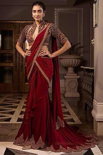 Red Embroidered Pre-Stitched Saree Set by Tarun Tahiliani