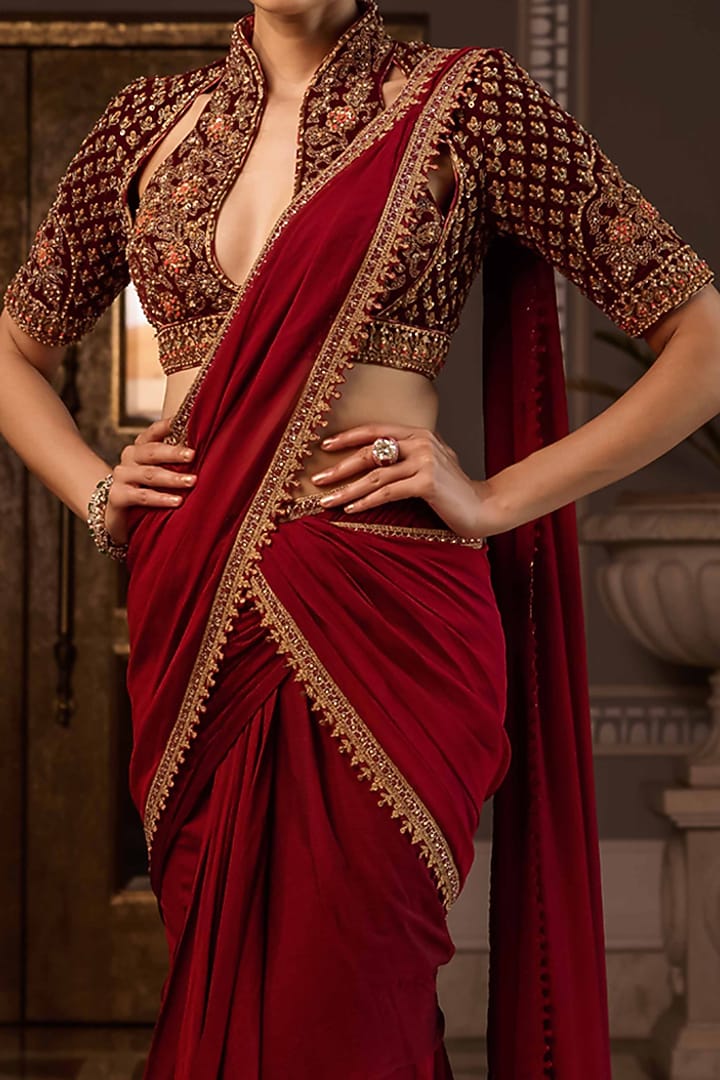 Red Embroidered Pre-Stitched Bridal Saree Set by Tarun Tahiliani at Pernia's Pop Up Shop
