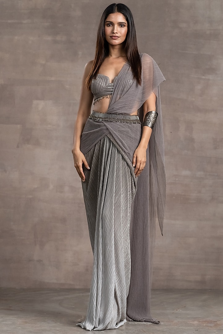 Oyster Crinkle Tulle Concept Saree Set by Tarun Tahiliani
