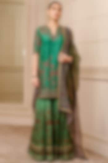 Emerald Green Satin Organza & Chanderi Sharara Set by Tarun Tahiliani