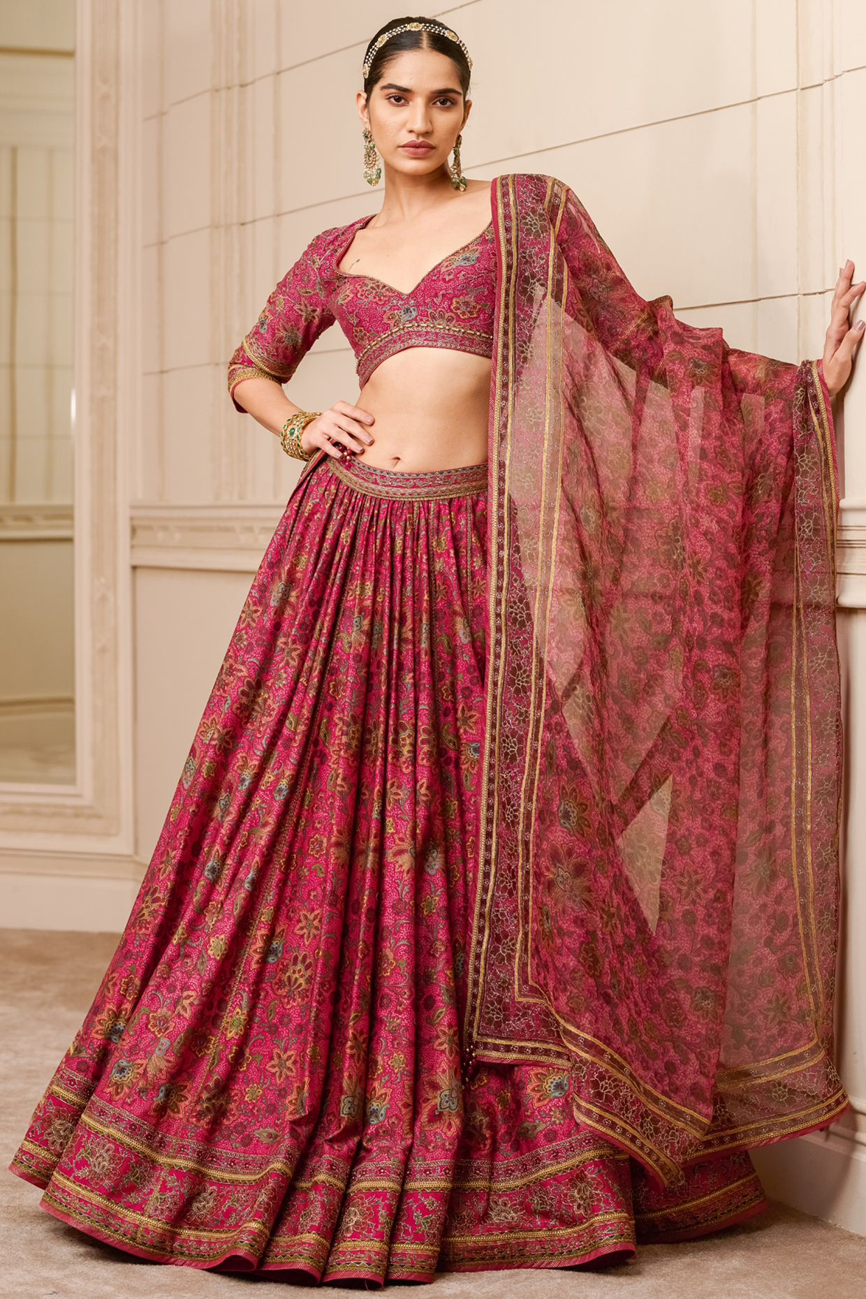 Fuchsia Printed & Embroidered Lehenga Set by Tarun Tahiliani