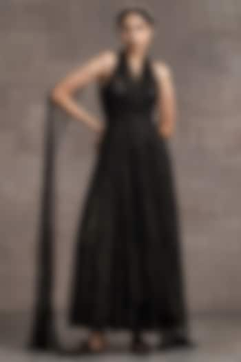 Metallic Black Crinkle Tulle Flared Dress by Tarun Tahiliani at Pernia's Pop Up Shop