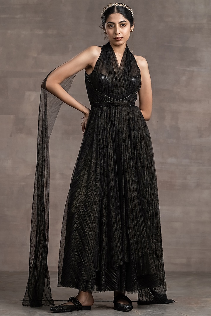 Metallic Black Crinkle Tulle Flared Dress by Tarun Tahiliani