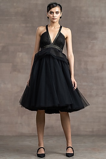 Black Tulle Knee-Length Peplum Dress by Tarun Tahiliani
