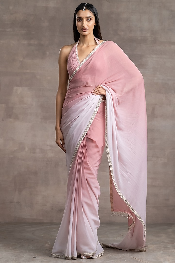 Blush Pink Embroidered Ombre Saree Set by Tarun Tahiliani