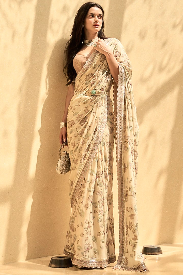 Ivory Printed Bridal Saree Set by Tarun Tahiliani at Pernia's Pop Up Shop