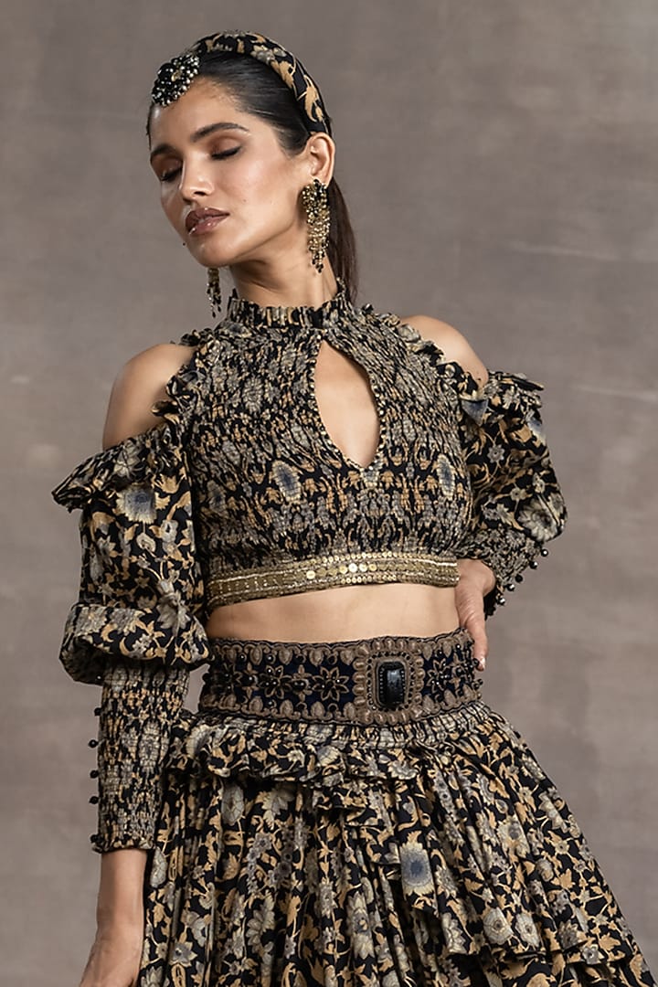 Black Printed Draped Wedding Lehenga Set by Tarun Tahiliani at Pernia's Pop Up Shop