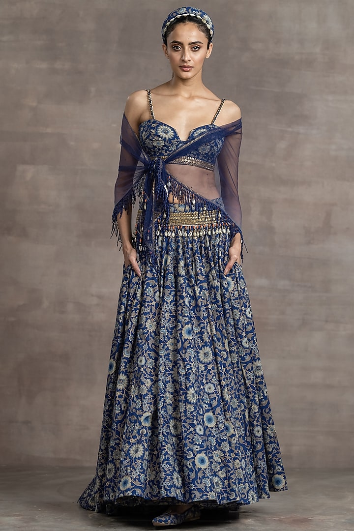 Blue Embroidered & Printed Lehenga Set by Tarun Tahiliani