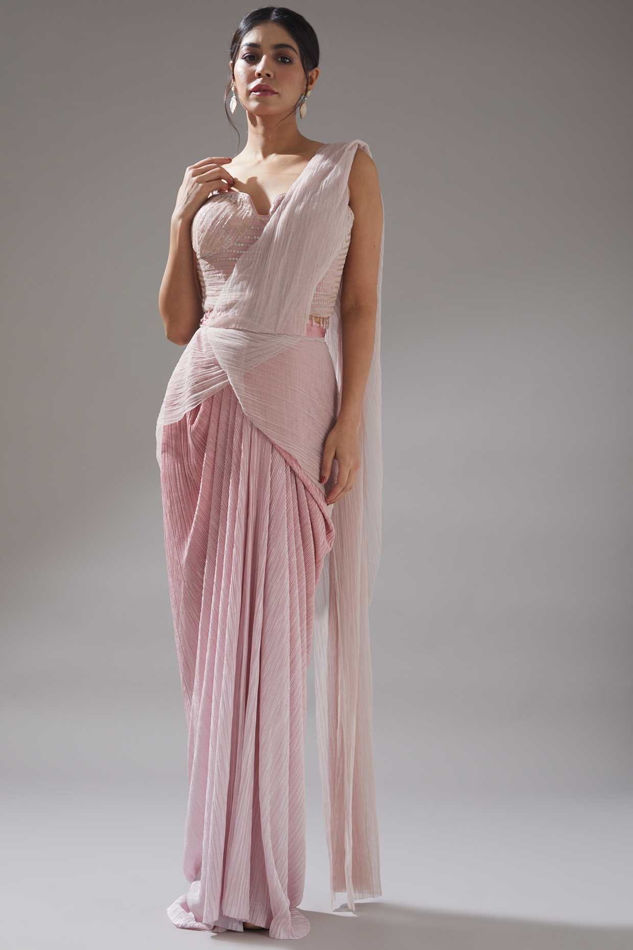 Blush Pink Crinkle Tulle Sequins Embellished Concept Wedding Saree Set by Tarun Tahiliani at Pernia's Pop Up Shop