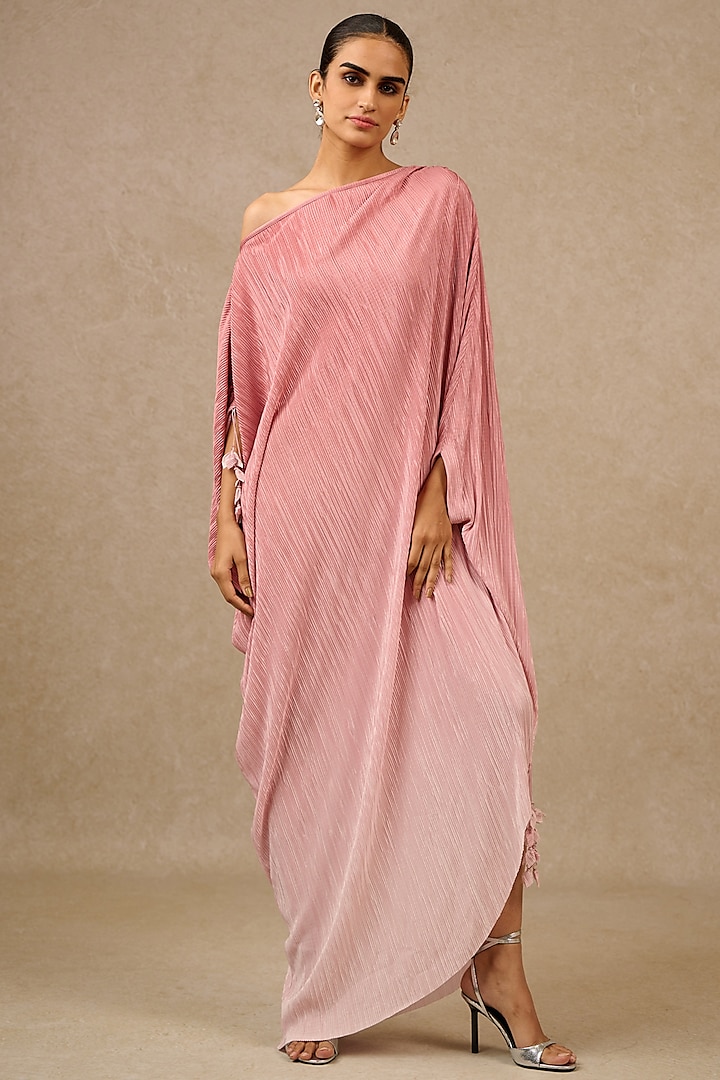 Old Rose Crinkle Fabric Asymmetric Off-Shoulder Ombre Kaftan by Tarun Tahiliani