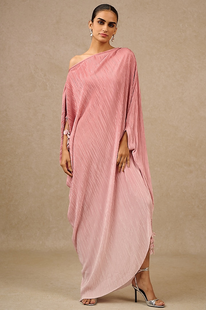 Old Rose Crinkle Fabric Asymmetric Off-Shoulder Ombre Kaftan by Tarun Tahiliani at Pernia's Pop Up Shop