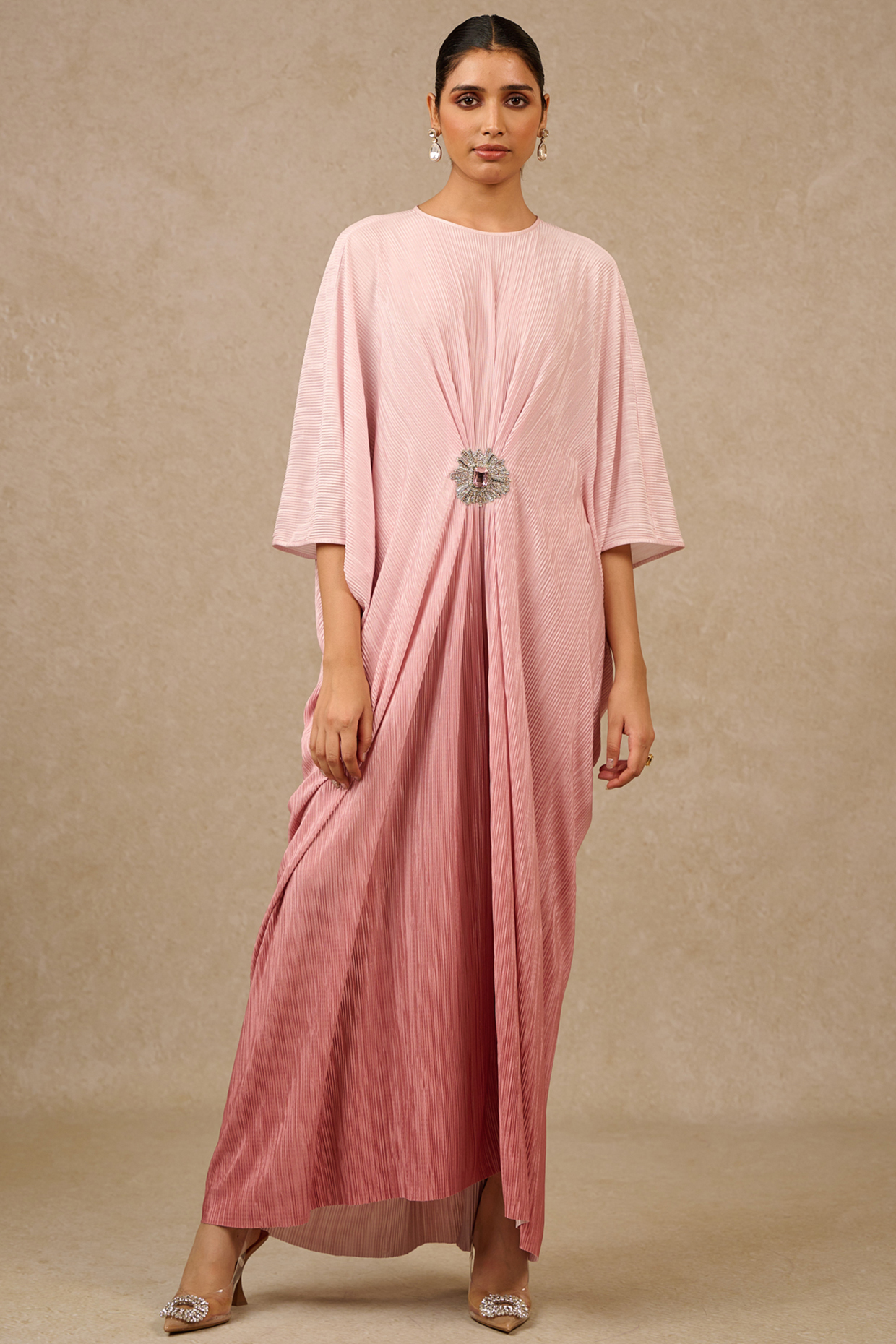 Old Rose Crinkle Fabric Ombre Kaftan by Tarun Tahiliani at Pernia's Pop Up Shop