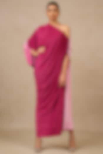 Pink Crinkle Fabric Asymmetric Off-Shoulder Ombre Kaftan by Tarun Tahiliani at Pernia's Pop Up Shop