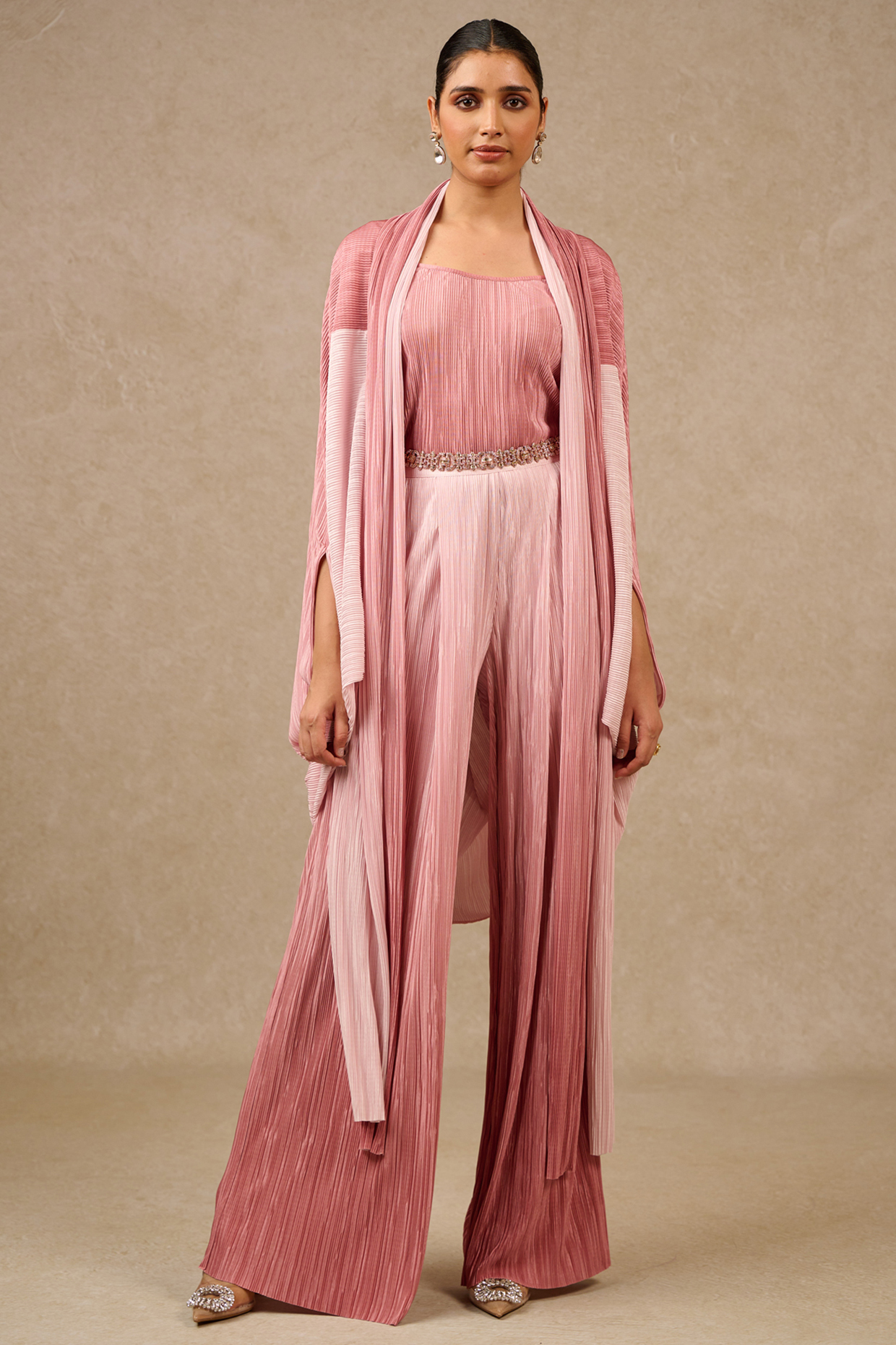 Pink Crinkle Fabric Ombre Cape Set by Tarun Tahiliani at Pernia's Pop Up Shop