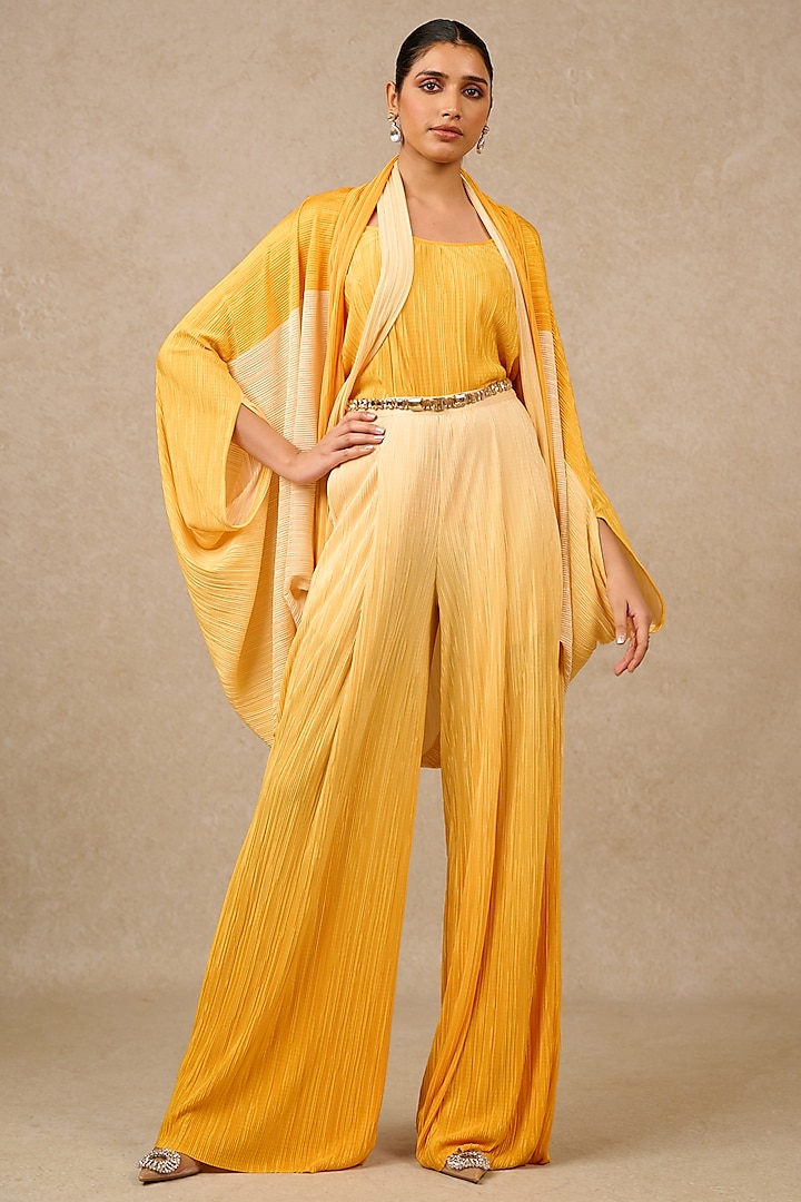 Yellow Crinkle Fabric Cowl Ombre Cape Set by Tarun Tahiliani at Pernia's Pop Up Shop