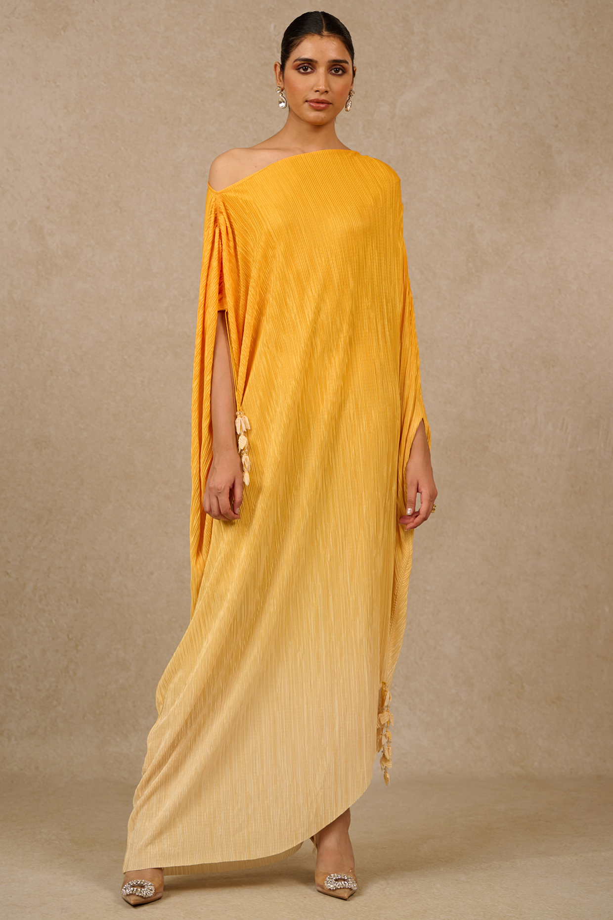 Yellow Crinkle Fabric Asymmetric Off-Shoulder Ombre Kaftan by Tarun Tahiliani at Pernia's Pop Up Shop