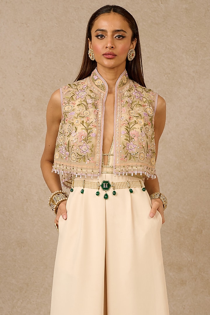 Ivory Tulle Gara Embroidered Gilet by Tarun Tahiliani at Pernia's Pop Up Shop