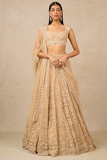 Ivory Gold Soft Net & Tulle Pearl Embroidered Kalidar Lehenga Set by Tarun Tahiliani