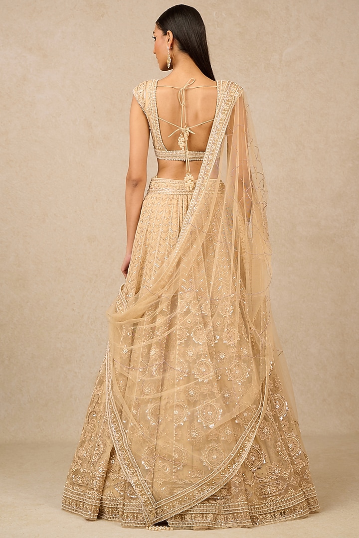 Ivory Gold Soft Net & Tulle Pearl Embroidered Kalidar Bridal Lehenga Set by Tarun Tahiliani at Pernia's Pop Up Shop