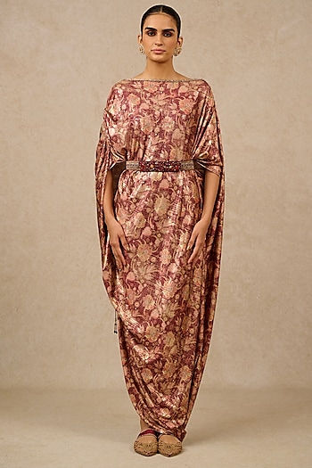 Wine Foil Jersey Printed Kaftan Cowl Dress by Tarun Tahiliani