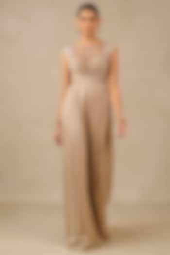 Champagne Metallic Crinkle Embroidered Jumpsuit by Tarun Tahiliani at Pernia's Pop Up Shop