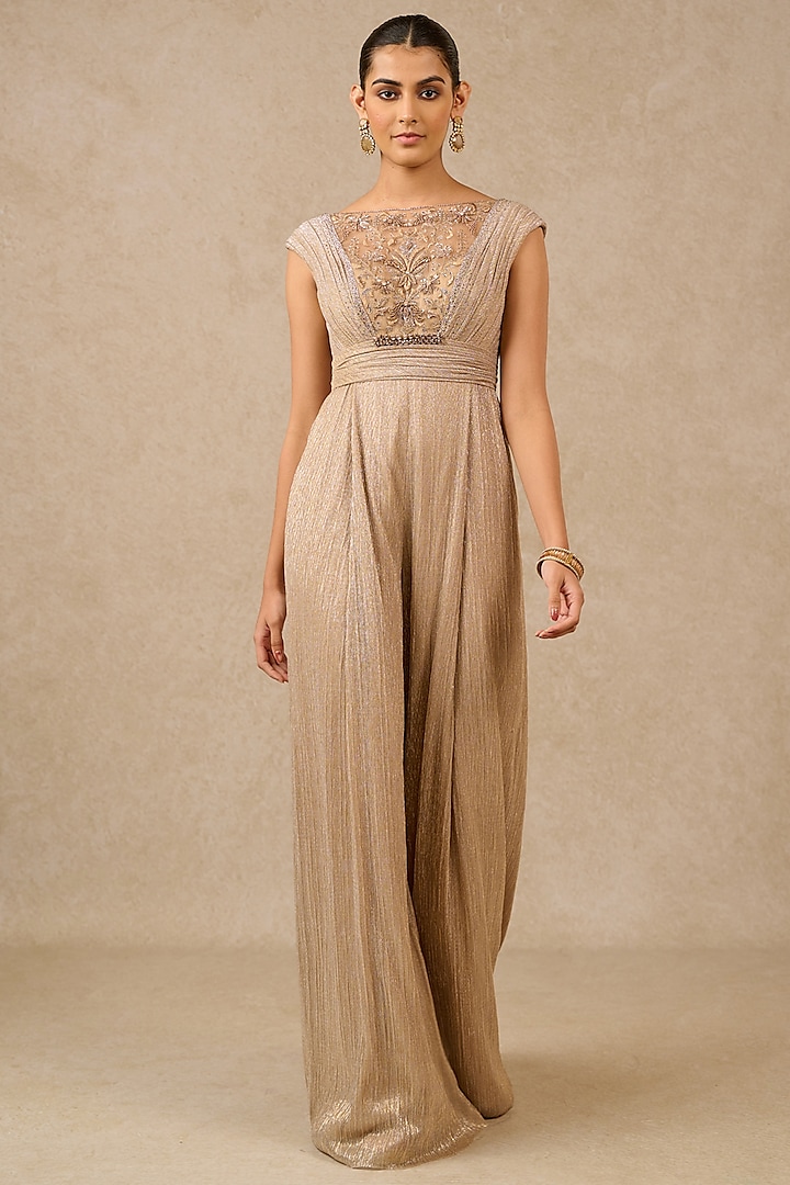 Champagne Metallic Crinkle Embroidered Jumpsuit by Tarun Tahiliani at Pernia's Pop Up Shop