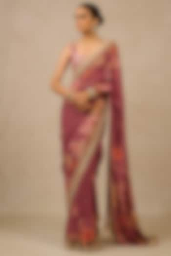 Mauve Georgette Gara Printed Saree Set by Tarun Tahiliani