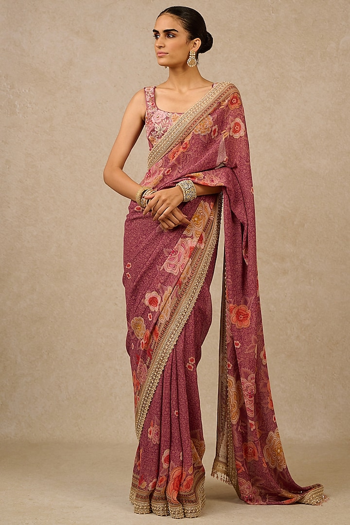 Mauve Georgette Gara Printed Saree Set by Tarun Tahiliani