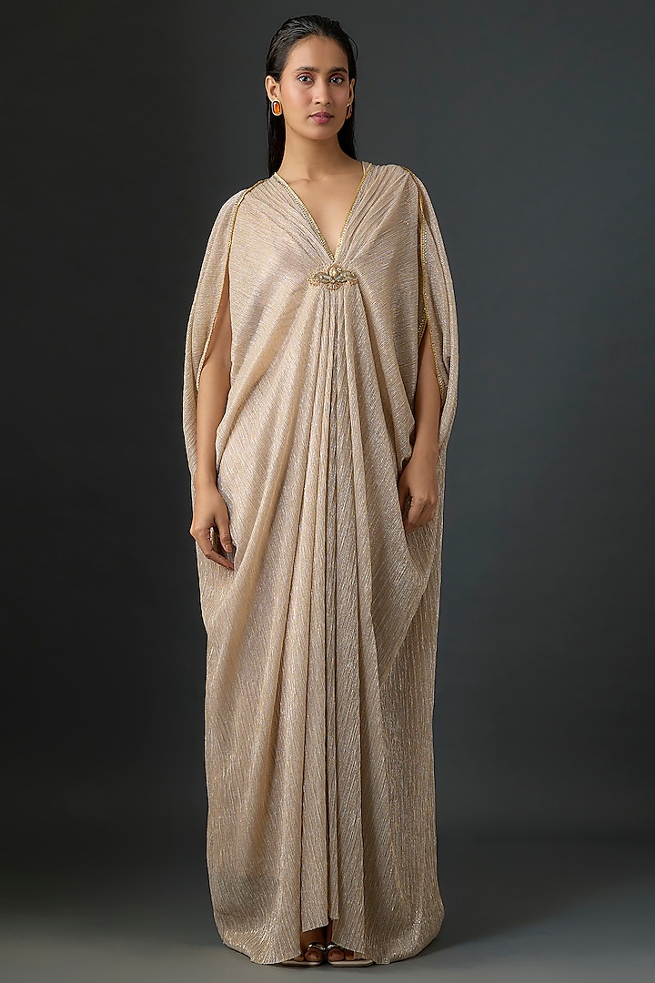 Champagne Metallic Crinkle Tulle Hand Embroidered Kaftan Party Wear Dress by Tarun Tahiliani at Pernia's Pop Up Shop