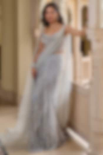 Pearl Blue Tulle & Lace Embellished Draped Skirt Set by Tarun Tahiliani at Pernia's Pop Up Shop