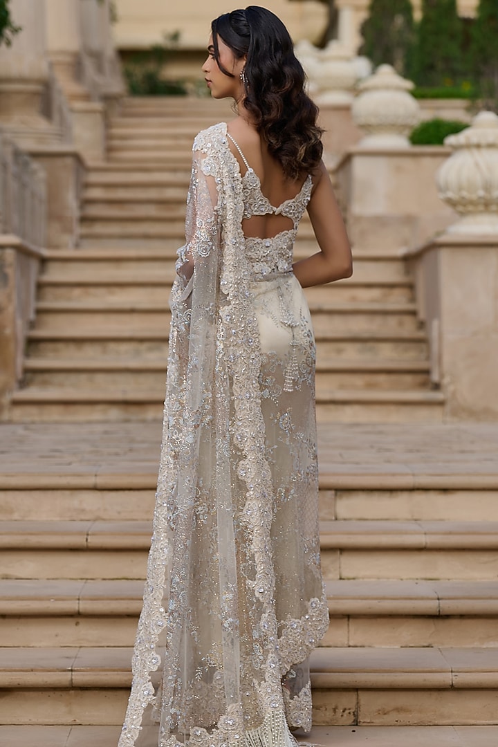 Ivory Tulle & Lace Embellished Draped Skirt Bridal Saree Set by Tarun Tahiliani at Pernia's Pop Up Shop
